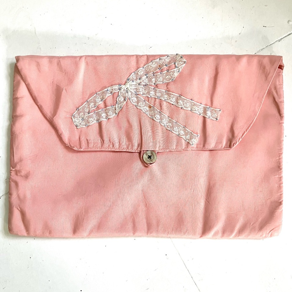 Vintage antique Edwardian pink satin lingerie bag lace bow